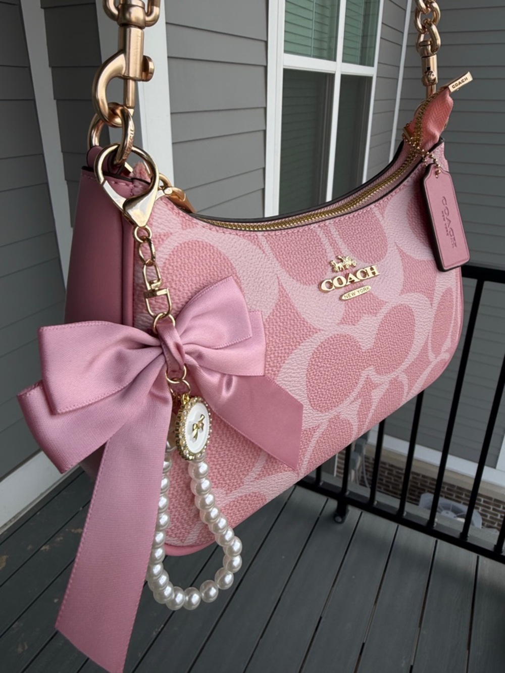 Coach Pink Signature Shoulder Bag with Bow & Pearl Charm - Picture 2 of 9